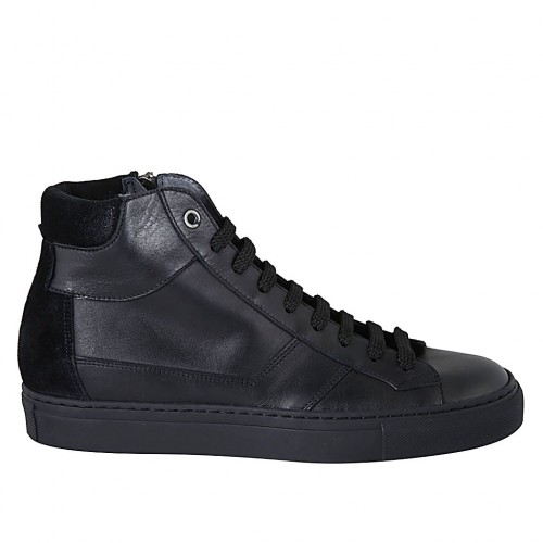 Man's laced shoe with zipper and removable insole in black leather and suede