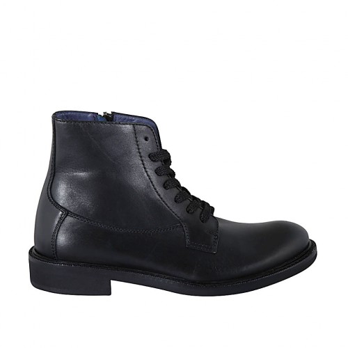 Men's laced ankle boot with zipper in black leather - Available sizes:  37, 38, 47, 48, 50