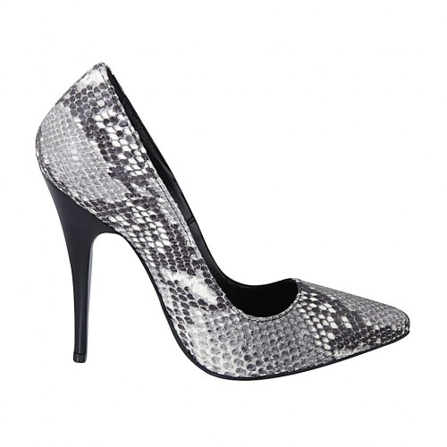 Women's pump shoe in black and white printed leather heel 11