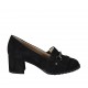 Woman's mocassin with elastic bands, studs, fringes and chain in black suede heel 5