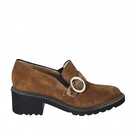 Geschlossener Damenschuh mit Gummibändern und Schnalle aus braunem Wildleder und bedrucktem Leder Absatz 5 - Verfügbare Größen:  33, 34, 43, 44