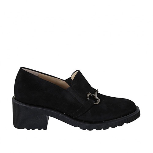 Woman's highfronted shoe with elastics, studs and chain in black suede heel 5 - Available sizes:  32, 33, 34, 42, 43, 44