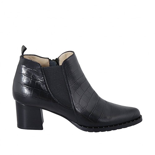 Bottines à bout pointu pour femmes avec fermeture éclair, goujons et elastique en cuir imprimé noir talon 5 - Pointures disponibles:  33, 42, 43, 44