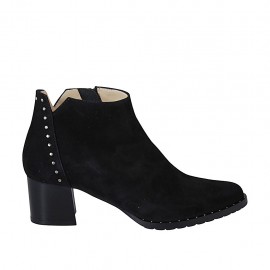 Bottines à bout pointu pour femmes avec fermeture éclair et goujons en daim noir talon 5 - Pointures disponibles:  32, 33, 34, 42, 43, 44