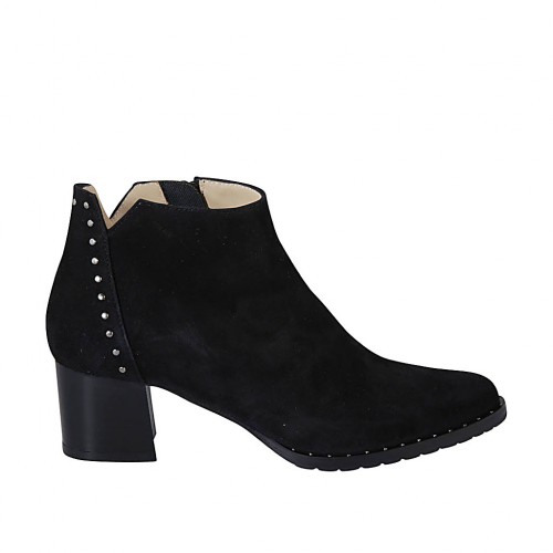 Woman's pointy ankle boot with zipper and studs in black suede heel 5 - Available sizes:  32, 33, 34, 42, 43, 44