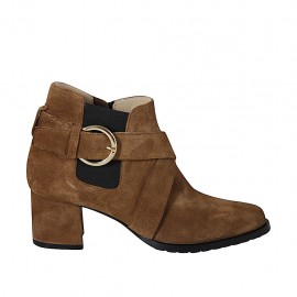 Woman's ankle boot with elastic, zipper and buckle in brown suede heel 5 - Available sizes:  32, 33, 34, 42, 43, 44