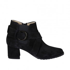 Botines para mujer con elastico, cremallera y hebilla en gamuza negra tacon 5 - Tallas disponibles:  32, 33, 34, 42, 43