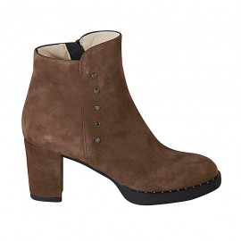 Woman's ankle boot with zipper and studs in brown suede heel 7 - Available sizes:  32, 42, 43, 44