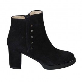 Bottines pour femmes avec fermeture éclair et goujons en daim noir talon 7 - Pointures disponibles:  32, 33, 34, 42, 43, 44