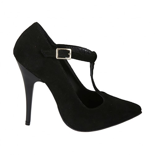 Decolté da donna con cinturino charleston in camoscio nero tacco 11 - Misure disponibili: 31, 32, 33, 34, 42, 43, 44, 45, 46