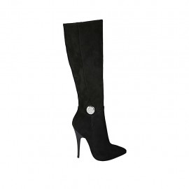 Damenstiefel aus schwarzem Wildleder mit Accessoire und Absatz 11 - Verfügbare Größen:  32, 33, 34, 42, 43, 44, 45, 47