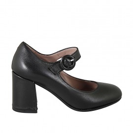 Zapato de salón para mujer con cinturon en piel negra tacon cuadrado 7 - Tallas disponibles:  32, 33, 42, 43, 44, 45