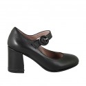 Zapato de salón para mujer con cinturon en piel negra tacon cuadrado 7