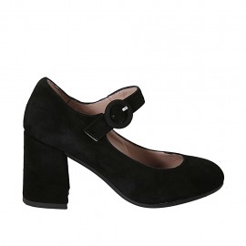 Decolté da donna in camoscio nero con cinturino tacco grosso 7 - Misure disponibili: 32, 33, 34, 43, 44, 45