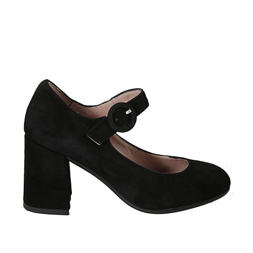 Woman's strap pump in black suede block heel 7 - Available sizes:  32, 33, 34, 43, 44, 45