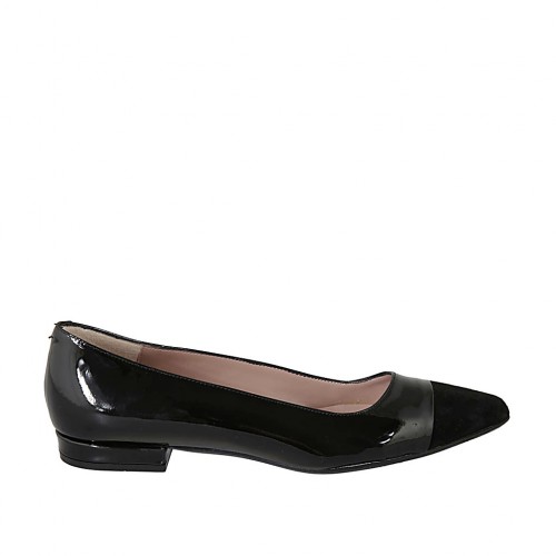 Ballerine à bout pointu pour femmes en cuir verni et daim noir talon 1 - Pointures disponibles:  33, 34, 42, 43, 44, 45
