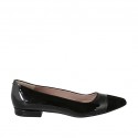 Woman's pointy ballerina shoe in black patent leather and suede heel 1