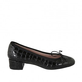 Decolté da donna con fiocco in pelle stampata nera tacco 3 - Misure disponibili: 33, 34, 42, 43, 44, 45