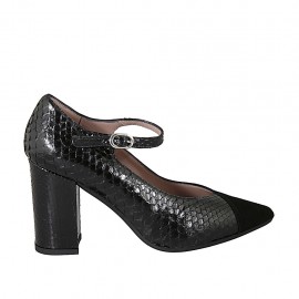 Decolté da donna con cinturino in camoscio e pelle stampata nera tacco 8 - Misure disponibili: 32, 33, 34, 42, 43, 44, 45