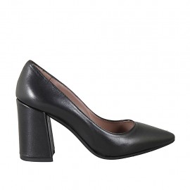 Decolté a punta da donna in pelle nera tacco grosso 8 - Misure disponibili: 32, 33, 34, 42, 43, 44, 45