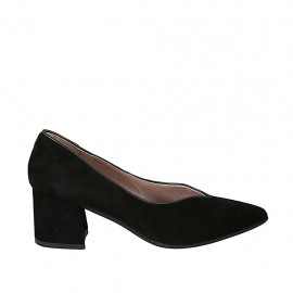 Decolté a punta con scollo a V da donna in camoscio nero tacco grosso 5 - Misure disponibili: 32, 33, 34, 42, 43, 44, 45