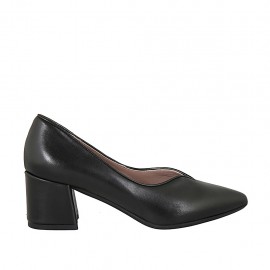 Decolté a punta con scollo a V da donna in pelle nera tacco grosso 5 - Misure disponibili: 32, 33, 34, 42, 43, 44, 45