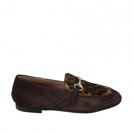 Mocassin pour femmes avec accessoire en daim marron et cuir de fourrure tacheté marron talon 1 - Pointures disponibles:  33, 43, 45