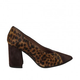 Women's pointy pump shoe in brown suede and spotted fur leather heel 8
