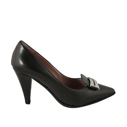 Escarpin pour femmes avec accessoire en cuir noir talon 8 - Pointures disponibles:  32, 33, 34, 42, 43, 44