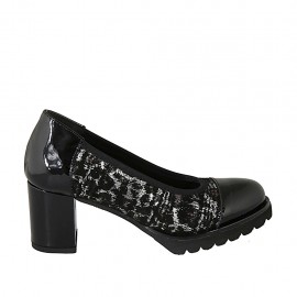 Decolté da donna in vernice nera e tessuto elasticizzato laminato stampato argento tacco 6 - Misure disponibili: 32, 33, 34, 42, 43, 44, 45