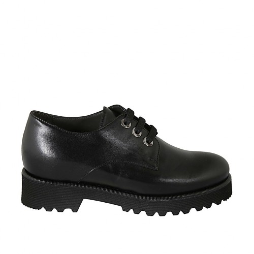 Zapato derby con cordones para mujer en piel lisa negra con plantilla extraible tacon 4 - Tallas disponibles:  33, 43, 44, 45