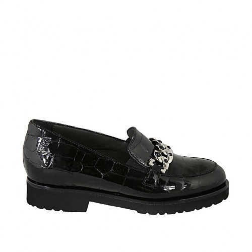 Woman's mocassin with accessory and removable insole in black printed patent leather heel 3 - Available sizes:  34, 43, 44, 45