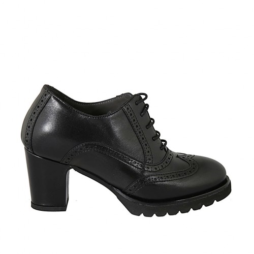 Scarpa stringata Oxford da donna con plantare estraibile e lavorazione a coda di rondine in pelle nera tacco 7 - Misure disponibili: 34, 42, 43, 44, 45