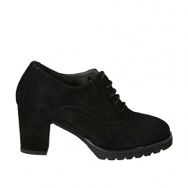 Scarpa stringata Oxford da donna con plantare estraibile e lavorazione a coda di rondine in camoscio nero tacco 7 - Misure disponibili: 32, 33, 34, 42, 43, 44, 45