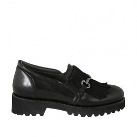 Woman's loafer in black leather and suede with fringes, elastic bands, chain and removable insole heel 4 - Available sizes:  34, 42, 43, 44, 45