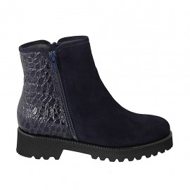 Damenstiefelette aus blauem bedrucktem Leder und Wildleder mit Reissverschlüssen und herausnehmbarer Innensohle Absatz 4 - Verfügbare Größen:  33, 34, 42, 43, 44, 45