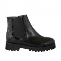 Woman's padded ankle boot in black printed patent leather and leather with zippers, elastic band  and removable insole heel 4