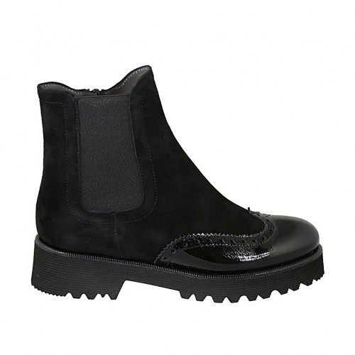 Bottines pour femmes en cuir verni et daim noir avec fermeture éclair, elastique et semelle amovible talon 4 - Pointures disponibles:  33, 34, 42, 43, 44, 45