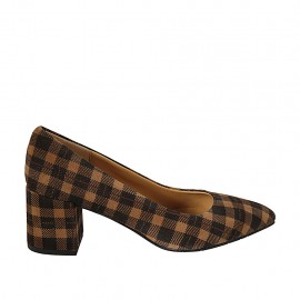 Woman's pointy pump in plaid brown and beige suede heel 6