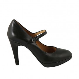Zapato de salon para mujeres con correa y plataforma en piel de color negro tacon 9 - Tallas disponibles:  31, 32, 33, 34, 42, 43, 44, 45, 47