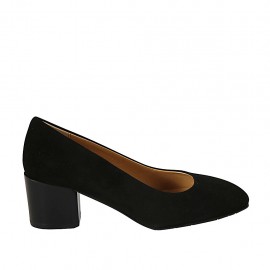 Zapato de salon a punta redonda para mujer en gamuza negra tacon cuadrado 5 - Tallas disponibles:  33, 34, 42, 43, 44, 45