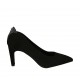 Women's pump shoe in black suede and printed leather heel 8