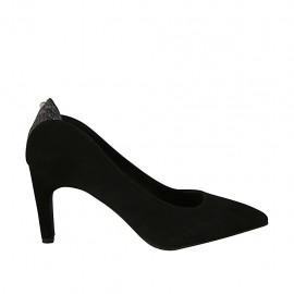 Women's pump shoe in black suede and printed leather heel 8