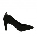 Women's pump shoe in black suede and printed leather heel 8