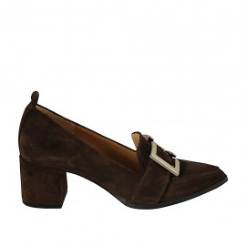 Woman's mocassin with buckle in light brown suede heel 5 - Available sizes:  32, 33, 42, 43, 44, 45