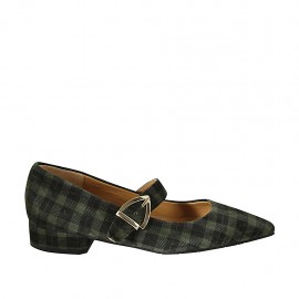 Zapato de salon para mujer en gamuza escocésa negra y verde con hebilla tacon 2 - Tallas disponibles:  33, 34, 42, 43, 45