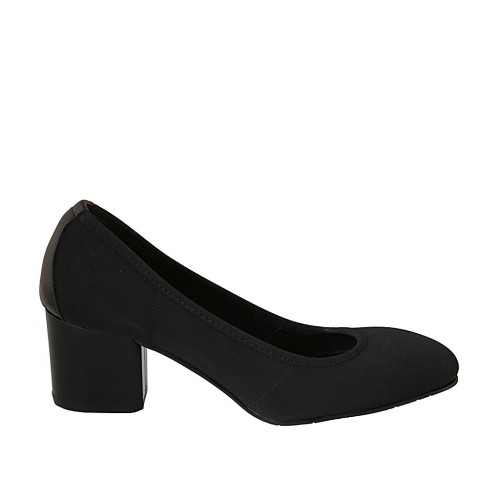 Woman's pump in black fabric and leather heel 5