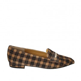 Mocassino a punta da donna in camoscio marrone e beige a motivo scozzese tacco 1 - Misure disponibili: 33, 34, 43, 44, 45