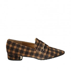 Spitzer Mokassinschuh für Damen aus kariertem braunem und beigem Wildleder mit Accessoire Absatz 3 - Verfügbare Größen:  33, 34, 42, 43, 44, 45