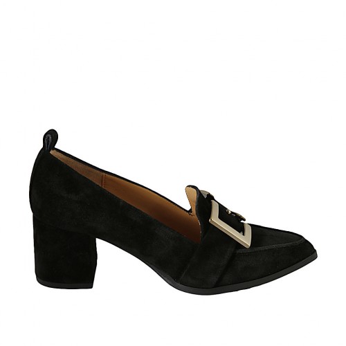 Woman's mocassin with buckle in black suede heel 5 - Available sizes:  32, 33, 34, 42, 43, 44, 45